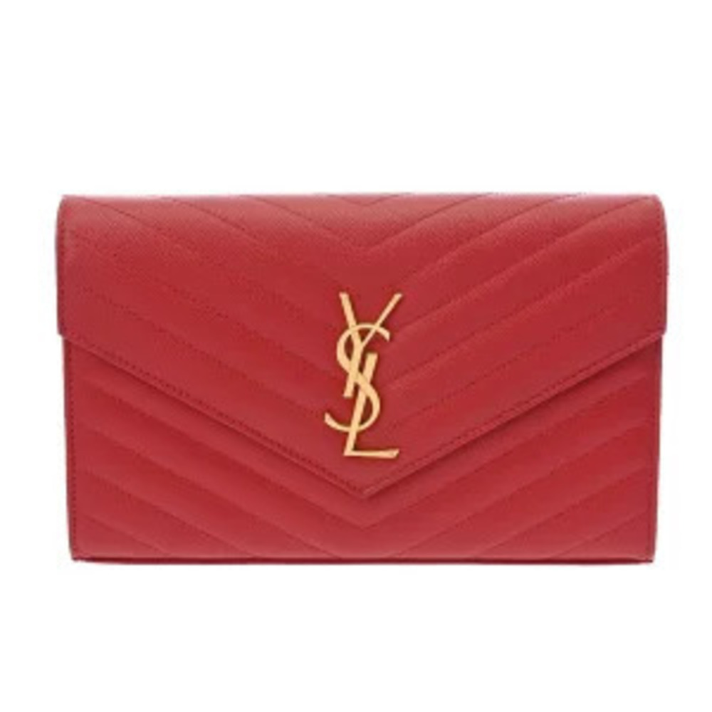 Saint Laurent Cassandra Chain Wallet Red Grained Poudre Leather Bag - Picture 1 of 9